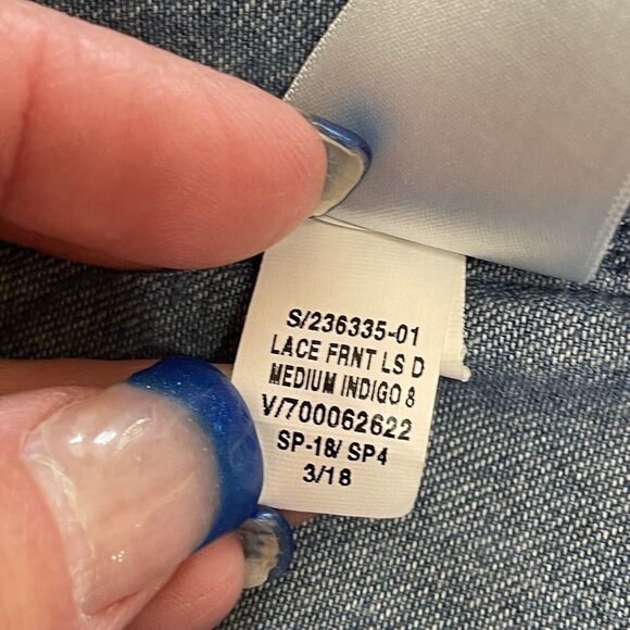 GAP Denim Dress Size M Medium Indigo Blue Lace Front 3/4 Bell Sleeve Pockets - Picture 9 of 10